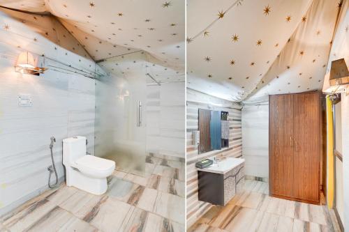 two pictures of a bathroom with a toilet and a sink at Alaya Stays Fortezza Pet-friendly 6-BHK Farmhouse With Private Pool, Gazebo & Lush Garden in Bhundsi