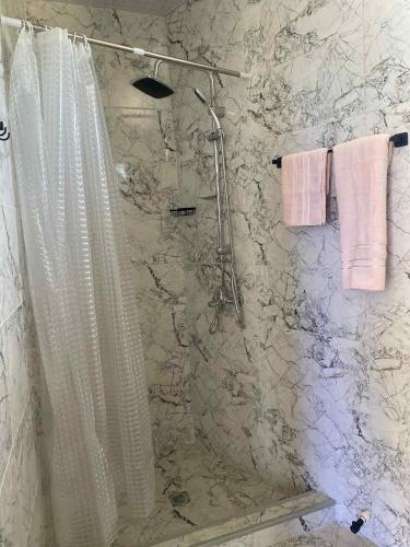 a bathroom with a shower with a shower curtain at Green house Cottage in Itʼkhvisi