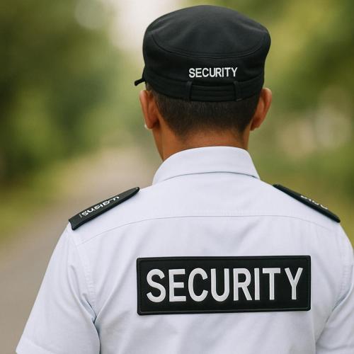 a police officer wearing a uniform with the words security at U&ME HOTEL Segamat Sdn Bhd in Segamat