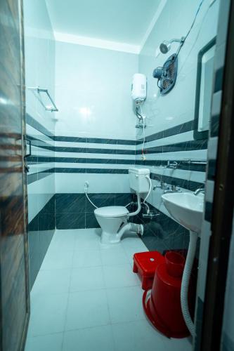 a bathroom with a toilet and a sink at Hotel Mirka Plaza in Bhubaneshwar