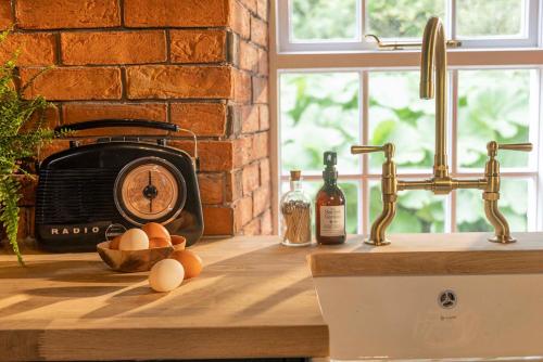 a kitchen with a counter with a sink and a radio at The Forest at Mount Congreve Gardens in Kilmeaden