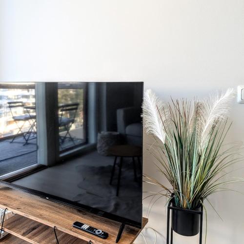 a living room with a tv and a potted plant at Henniina V Kotoisa - Free parking & Easy Check-in in Oulu
