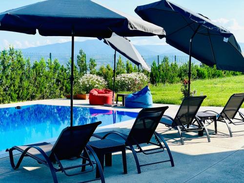 a group of chairs and umbrellas next to a pool at DREAM VIEW Saguramo in Saguramo