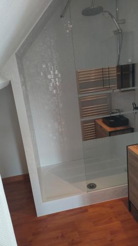 a bathroom with a glass shower with a sink at "Les barbiots" Jolie dépendance proche plages in Offranville
