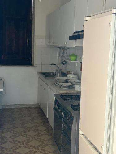 a small kitchen with a stove and a sink at villa ibisco in Torre di Gaffe