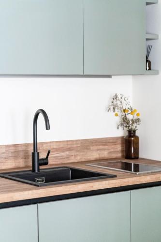 a kitchen with a sink and a counter at Casa Botanica - Boutique Apartment nel centro di Alba in Alba