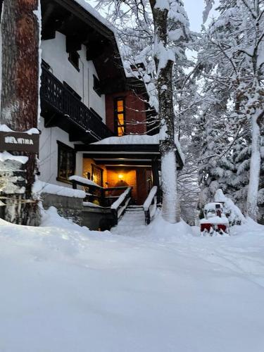 a house covered in snow with a bench in front of it at Pension Belnina in Hakuba