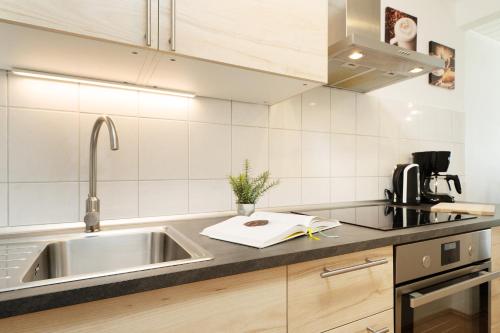a kitchen with a sink and a counter top at Gästehaus Sulsdorf Wohnung 8 in Sulsdorf auf Fehmarn