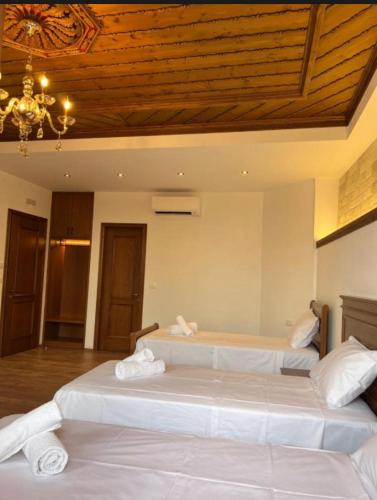 a bedroom with two beds and a chandelier at Castle Hotel in Gjirokastër
