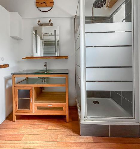 une salle de bain avec un lavabo et une douche dans l'établissement Maison spacieuse, piscine parking privé & jardin, à Castries