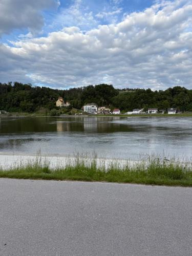 a large body of water with houses in the background at La Veneziana Guesthouse in Aschach an der Donau