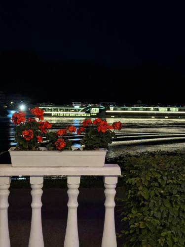 a flower pot on a rail with a train in the background at La Veneziana Guesthouse in Aschach an der Donau