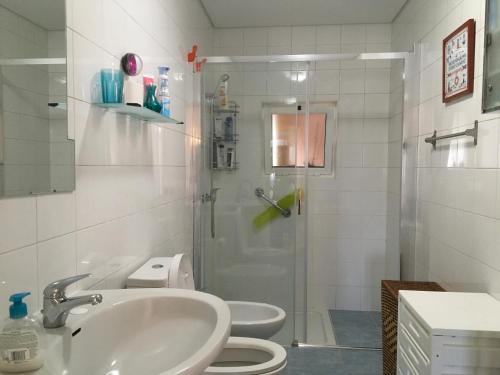 a bathroom with a shower and a sink and a toilet at Casa da Celeste-AL in Areias