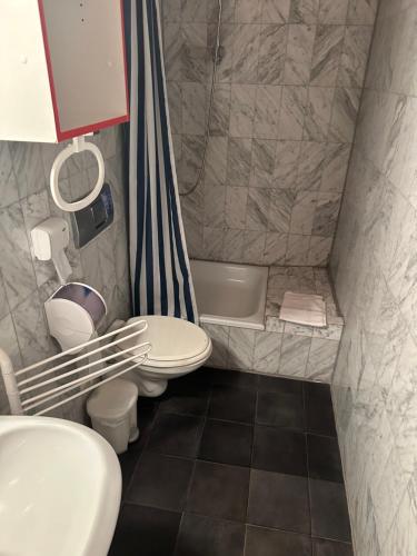 a bathroom with a sink and a toilet and a tub at Hotel Schwarzer Adler in Rothenburg ob der Tauber