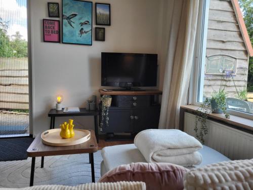 a living room with a tv and a couch and a table at Appartement 1 met uitzicht op de waterkant van Op de Roemte in Baflo