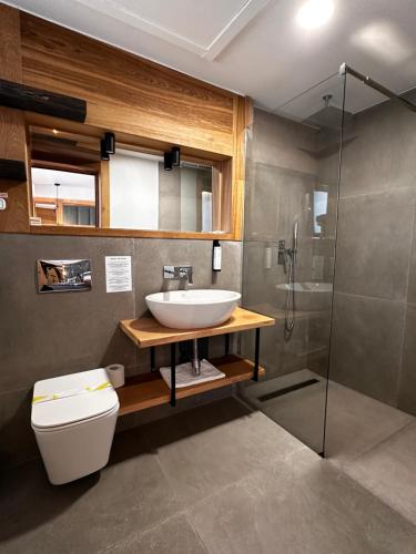 a bathroom with a sink and a toilet and a shower at Forest Green & Spa in Gura Humorului