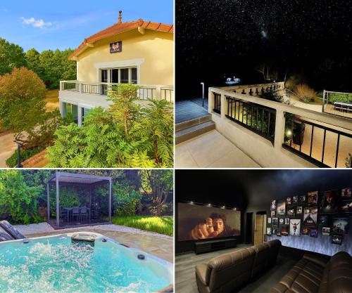 a collage of pictures of a house with a hot tub at Villa avec jacuzzi, sauna&cinéma in Triel-sur-Seine