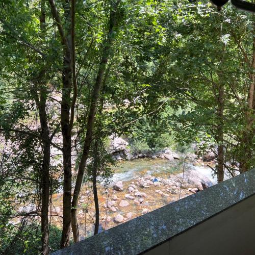 a view of a river from a window with trees at Villa Gryka in Peje