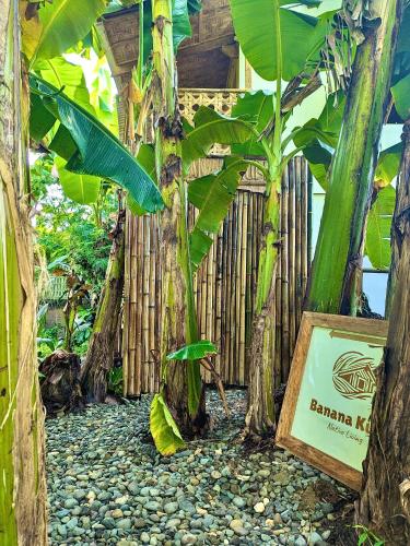 a sign in front of a banana tree at Fully Private, Beach Access, Native Cottage, Queen Bed, AC, WiFi in General Luna
