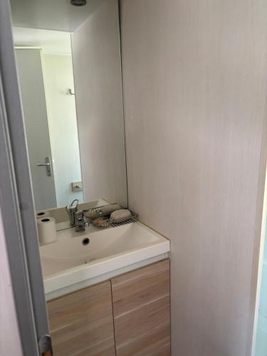 a bathroom with a sink and a mirror at Mobile-home dans un camping in Chorges
