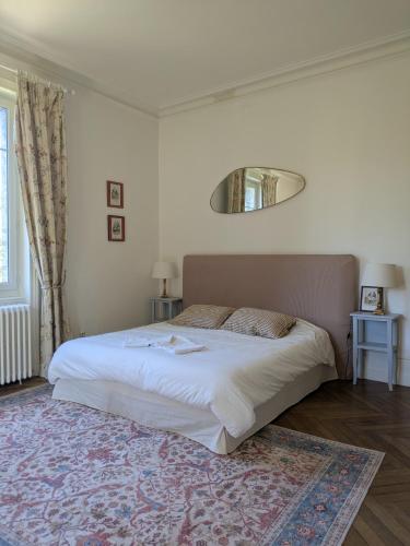 una camera da letto con un letto grande e uno specchio di Chambre d'hôte - petit château à la campagne a Saint-Aubin-Epinay