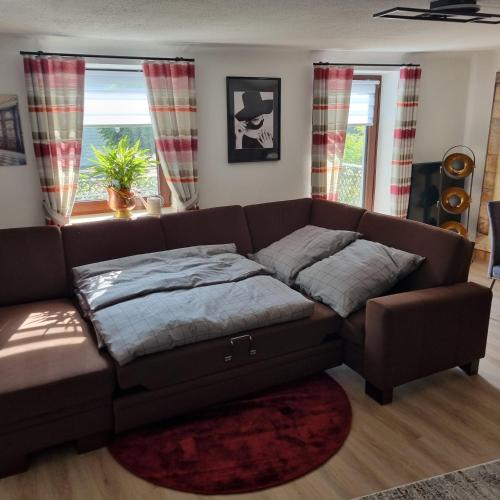 a couch with two pillows on it in a living room at Ferienwohnung Zum Freihof in Schwarzenbach