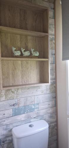 a bathroom with a white toilet and wooden walls at Edgewater Retreat- Pet Friendly-On Award winning Hoburne Devon bay in Goodrington
