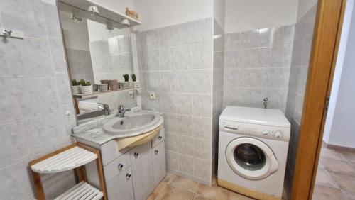a bathroom with a washing machine and a sink at Appartement Melou rez de chaussée in Gérardmer