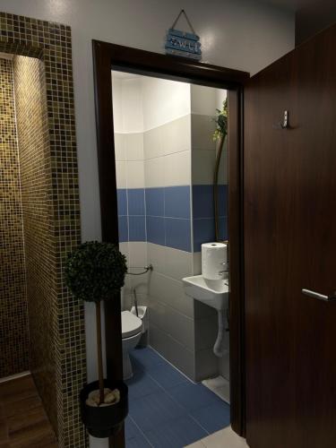 a bathroom with a toilet and a sink at Art Hotel in Slavonski Brod