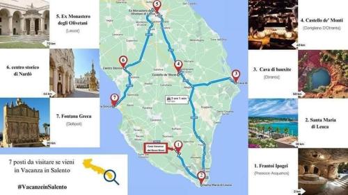 a map of different cities and landmarks at Casa vacanza dai Nonni Ntoni in Acquarica del Capo