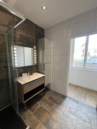 a bathroom with a sink and a shower at Les Vagues d'Opale in Boulogne-sur-Mer