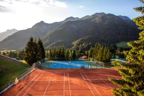 a tennis court with mountains in the background at Der Lärchenhof in Erpfendorf