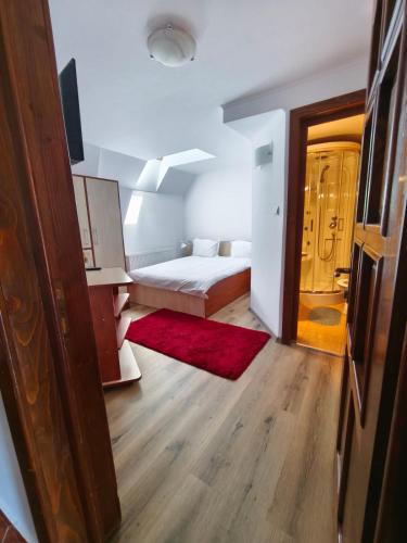 a small room with a bed and a red rug at Casa Gabi in Bran