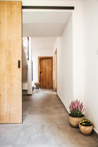 a hallway of a house with two potted plants at Rodinný dům Alois in Hronov