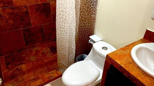 a bathroom with a white toilet and a sink at Stay by Iguana in Quepos