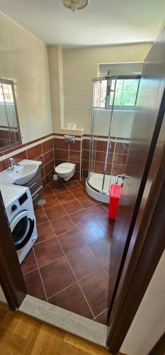 a bathroom with a toilet and a sink and a shower at The Old Town Terrace Apartments in Budva