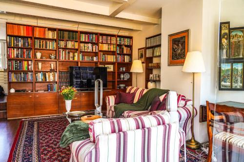 a living room with two couches and a book shelf at The Balcony at Prinsen Canal apartment Amsterdam in Amsterdam