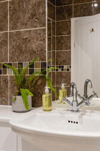 a bathroom with a sink and a mirror at The Croft, Warrens Farm Holidays - Dog friendly in Taunton