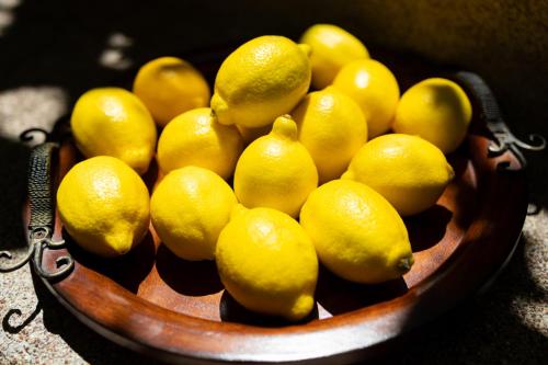 a bowl filled with lemons on a table at Casa Pastrovici del Mare in Petrovac na Moru