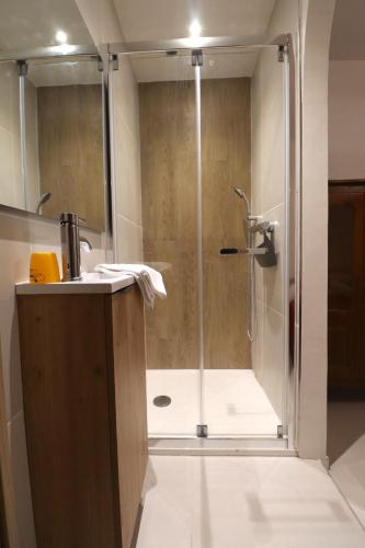 une douche avec une porte vitrée dans une salle de bain dans l'établissement T2 Ajaccio- Neuf tout confort- Wifi et Parking gratuit- 5min du centre ville- Proche aéroport et port- secteur Finosello, à Ajaccio