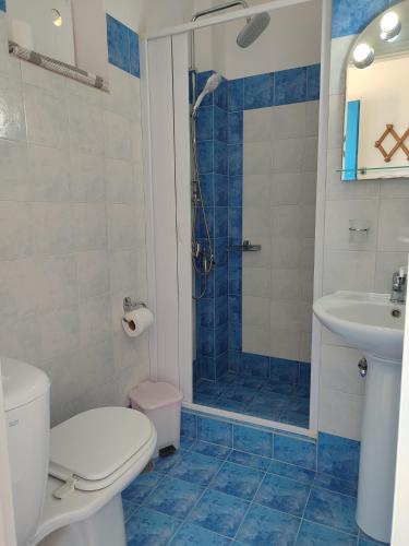 a bathroom with a shower and a toilet and a sink at Corali Hotel in Piso Livadi
