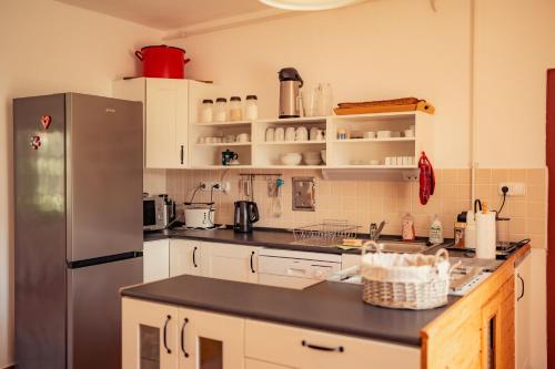 a kitchen with a stainless steel refrigerator and white cabinets at Bruderhaus 18 in Vöröstó