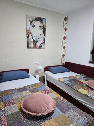 a room with two beds and a painting on the wall at Vikendica Fruškogorski kutak - Fruška Gora in Čerević