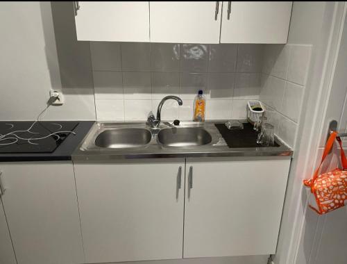 une cuisine avec un évier et un plan de travail dans l'établissement Bel appartement Type F2 vaux en velin Village 69120, à Vaulx-en-Velin