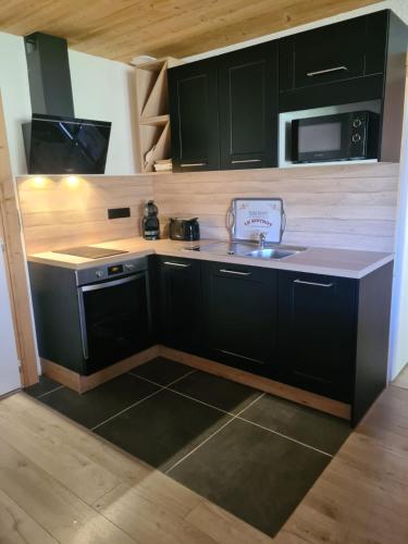 a kitchen with dark green cabinets and a sink at Ma P'tite Étoile in Le Grand-Bornand