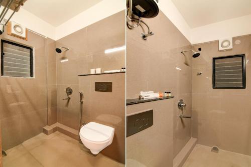 Dos fotografías de un baño con inodoro y ducha. en Hotel Signature Vista, en Calcuta