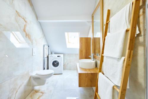 a bathroom with a toilet and a washing machine at TH 102 Appartement F2 en duplex tout confort 1 à 3 personnes in Thann