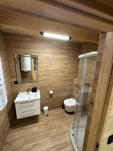 a bathroom with a sink and a toilet at Letni Vibe -wynajem domków letniskowych in Skulsk