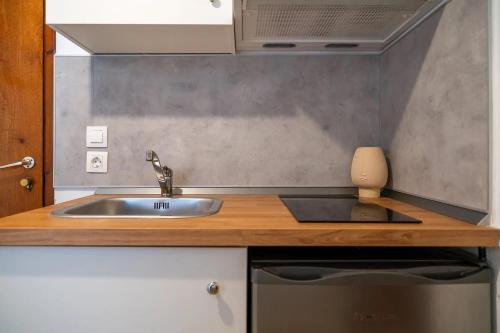 a kitchen with a sink and a microwave at Filina House in Neos Marmaras