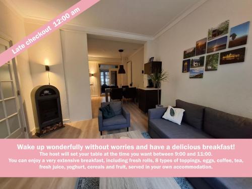 a living room with a couch and a fireplace at B&B 't Morregaât in Weert